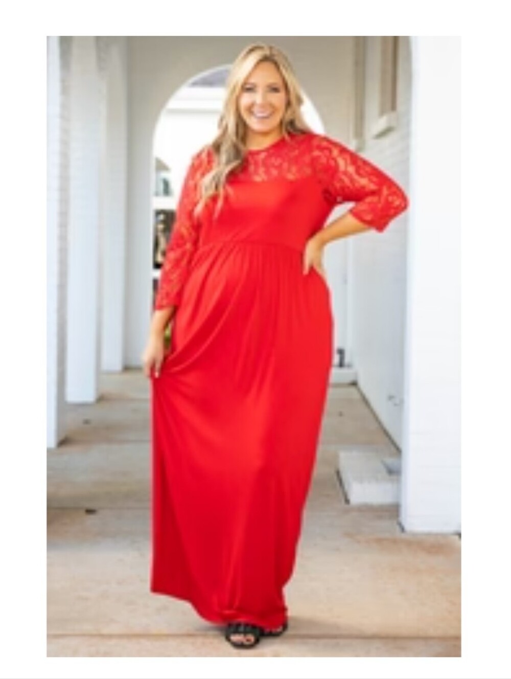 Red Lace Sleeve Maxi Dress - Women's Plus Size
